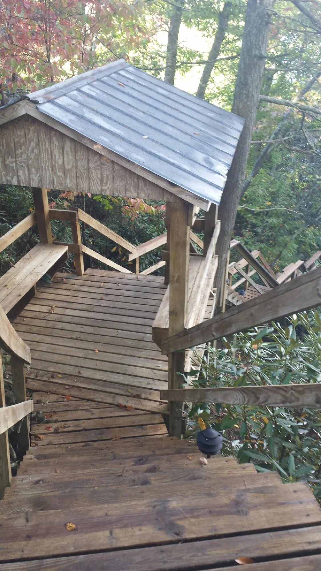 Metal roofed shelter over wooden steps on a wooded walkway — Skylight Repair & Installation work by our crew in Avery